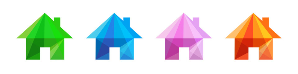 Set of creative houses. Stained glass colorful logo collection. Real estate agency concept. School or cottage symbol. Modern design. Home or house business idea. Cute trendy template. Isolated graphic