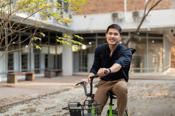 Businessman and bicycle in city to work with eco friendly transport. happy businessman professional riding a bicycle in urban street