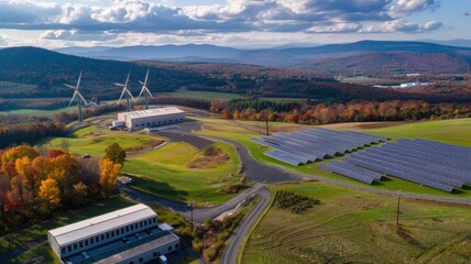 Fototapeta na wymiar aerial shot of a renewable energy research complex, showcasing experimental wind turbines and solar fields
