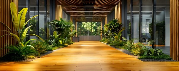 Modern office hallway with plants and stylish lighting oozing sophistication and nature. Concept Office Environment, Modern Design, Nature Inspired, Stylish Lighting, Sophistication