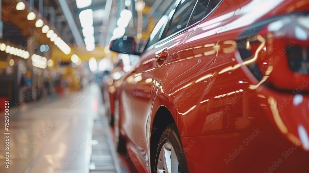 Poster futuristic electric car automated robotics production line in modern factory setting