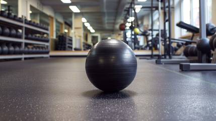 A ball positioned in the center of a gym floor - obrazy, fototapety, plakaty