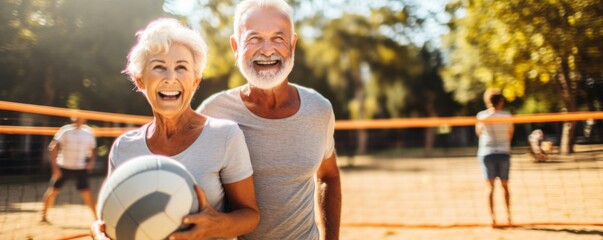 Active pensioner old couple is playing volleyball in park, healthy lifestyle banner. Generative Ai.
