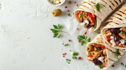 chicken shawarma with chicken, feta cheese, and olives on an isolated solid light pastel grey background, adorned with decorative herbs, providing ample copyspace.
