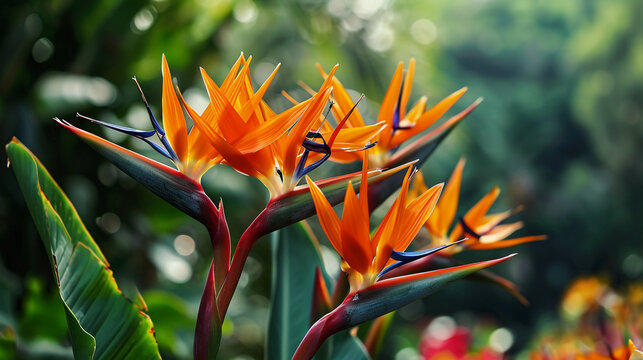 A close-up of exotic bird of paradise flowers, showcasing their striking colors and architectural shapes in vivid 4K HDR