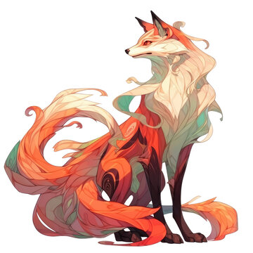An illustration of a beautiful fox with long white-orange fur tail