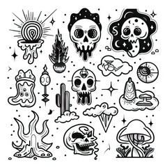 Surreal Saga - Quirky Quests. Sticker Collection. Multiple. Vector Icon Illustration. Icon Concept Isolated Premium Vector. Line Art. Black Outline. White Background.