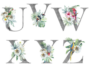 Watercolor floral letters with parrots for wedding invitations, greeting card, birthday, poster and other. - 752900266