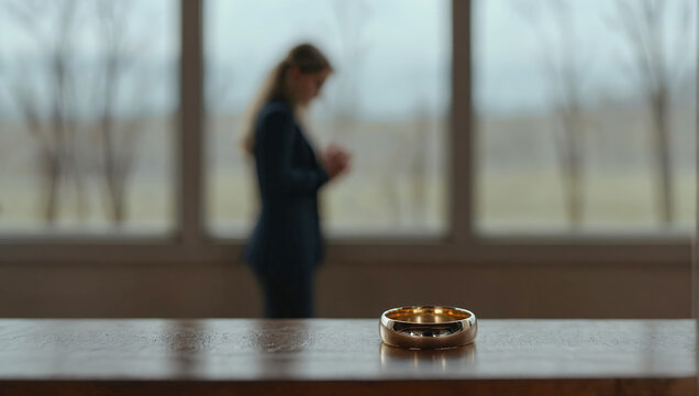 Engagement ring lies on the table on a blurred background with a woman near the window, divorce concept.