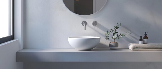 Wash basin with mirror mounted on wall in apartment