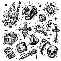 Obraz premium Chaos Chronicles - Absurd Adventures. Sticker Collection. Multiple. Vector Icon Illustration. Icon Concept Isolated Premium Vector. Line Art. Black Outline. White Background. -