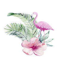 Tropical watercolor illustration with flamingo, leaves and flower. - 752900813