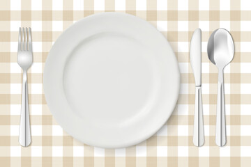 Top view of table-cloth with light brown gingham pattern, porcelain plate and stainless cutlery