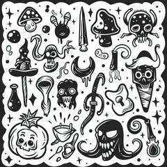 Dreamscape Delights - Fantastical Oddities. Sticker Collection. Multiple. Vector Icon Illustration. Icon Concept Isolated Premium Vector. Line Art. Black Outline. White Background. 