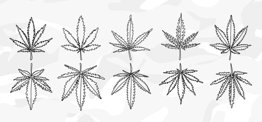 10 Verschiedene Lineart-Zeichnungen von Cannabisblättern: Vektorgrafik-Bundle - obrazy, fototapety, plakaty