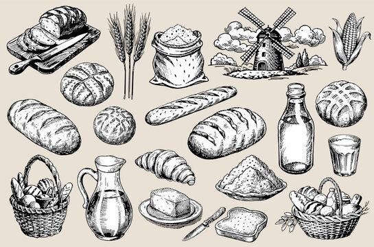 Traditional bakery items meticulously illustrated in a retro hand-drawn style