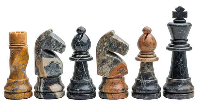 Set chess pieces isolated on transparent background ,marble chess piece png ,generative ai