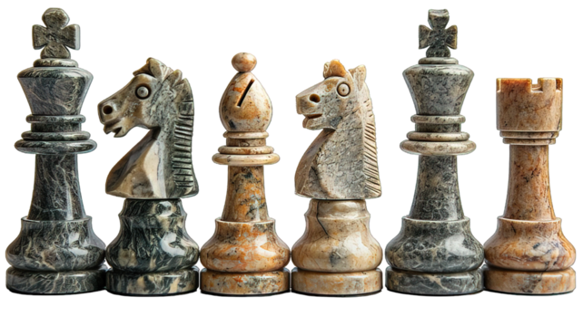 Set chess pieces isolated on transparent background ,marble chess piece png ,generative ai