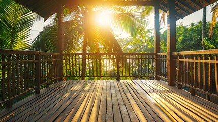 Summer Delight: Wooden Balcony Patio Deck with Panoramic View of Coconut Trees