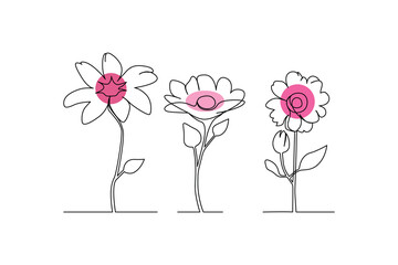 Continuous single-line flowers set, floral, botanical, rose, and minimalist flowers drawing outline art
