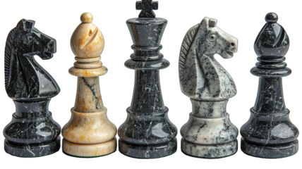 Set chess pieces isolated on transparent background ,marble chess piece png ,generative ai