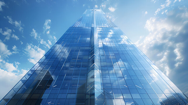 Office building on a background of the blue sky, up view in financial district, Office tall building, Generative AI, 