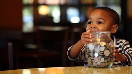 Boy learns to save his money. The boy holds a jar of coins in his hands. Children learn to save for the future concept.