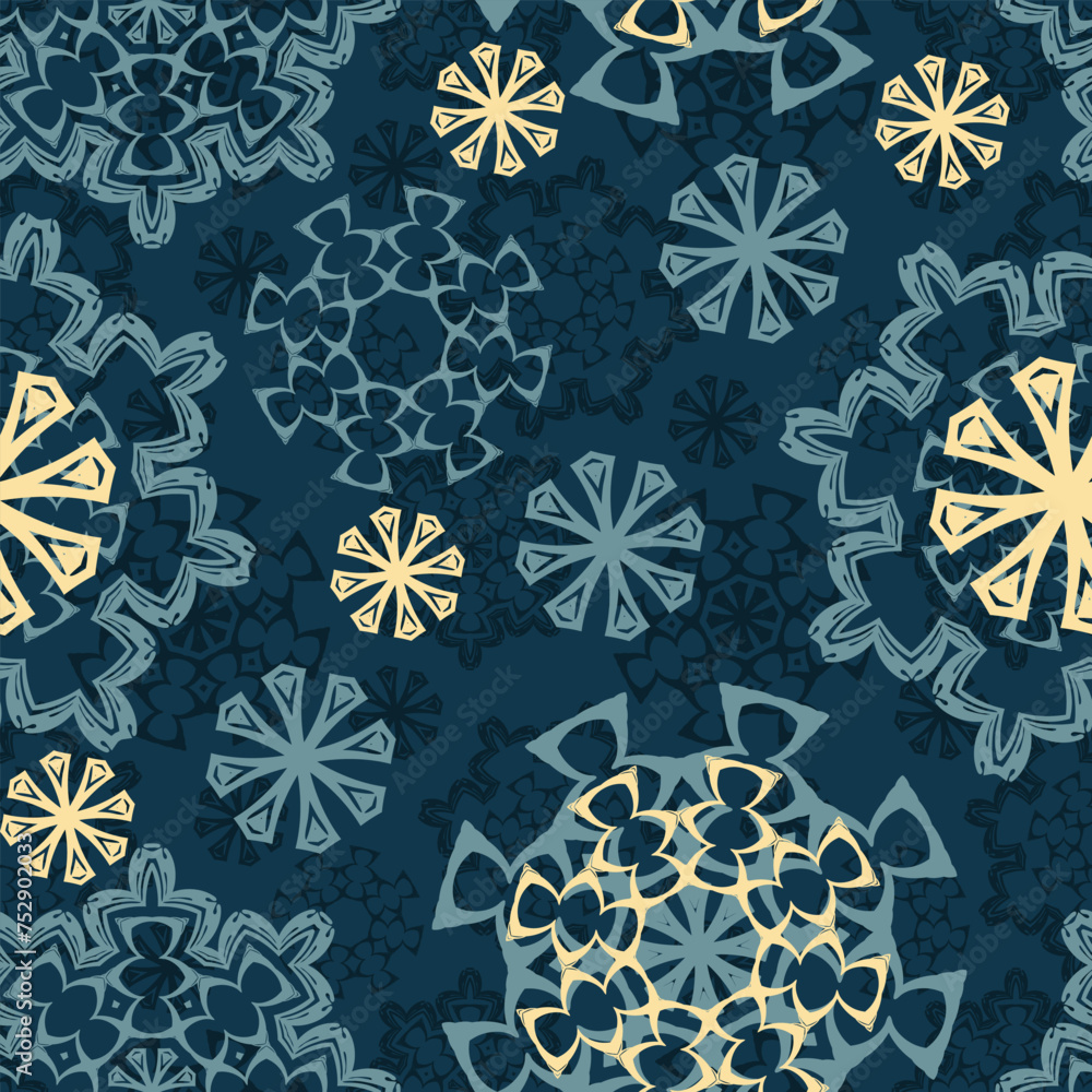 Poster seamless pattern with randomly placed light blue and beige decorative elements on a dark blue textur
