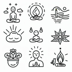 Mindful Moments - Cultivate Mindfulness. Sticker Collection. Multiple. Vector Icon Illustration. Icon Concept Isolated Premium Vector. Line Art. Black Outline. White Background.