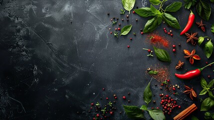 several spices and leaves at the edges on a dark chalkboard background, capturing a top view of the whole image with high depth of field and ample empty space for text.