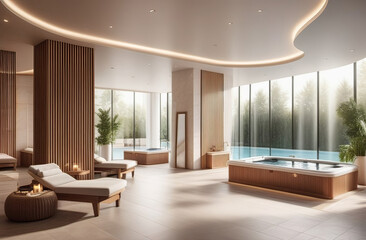 Fototapeta premium interior of luxury spa salon with bath tub, neutral wooden colors, big windows, fresh plants. High quality illustration
