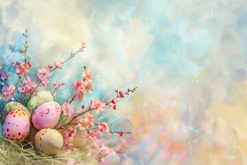 Obraz na płótnie Canvas Pastel Easter eggs and spring blossoms on watercolor background