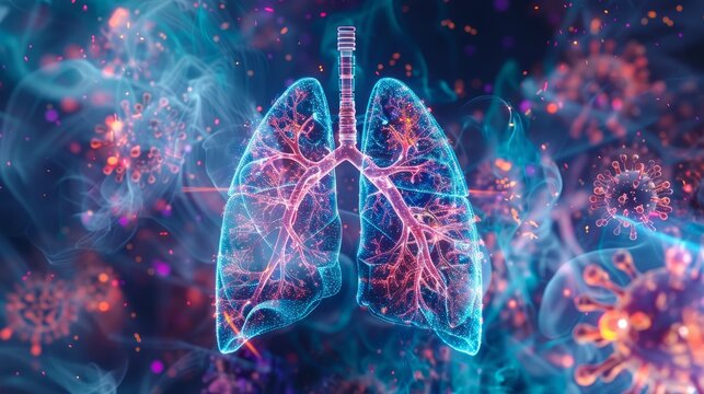Digital illustration of human lungs with trachea surrounded by virus particles. - Powered by Adobe