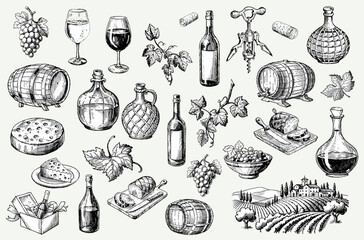 Set of hand drawn illustrations on theme of wine