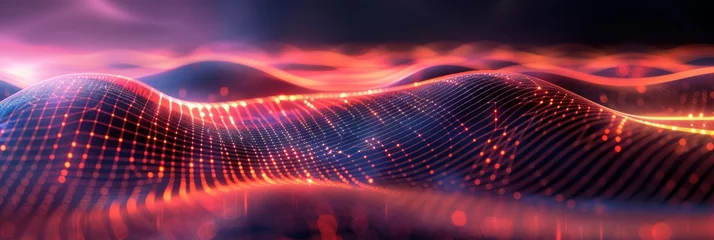 Fotobehang Vibrant digital wave landscape with particles. A high-quality 3D render of a dynamic digital wave landscape with illuminated particle dots creating a cosmic atmosphere. © Merilno