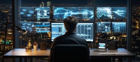 Traffic security guards in control room monitoring video wall for law enforcement or legal services - Powered by Adobe