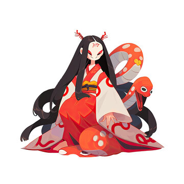 An illustration of a futakuchi onna monster wearing red-white clothing