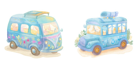 cute bus watercolour vector illustration 