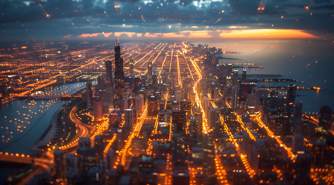 The Chicago skyline. In the style of Albert Bierstad, skyline seen from rooftop, hotorealistic_still photograph drone photography, Generative AI
