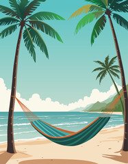 Summer escape. Hammock on a sandy palm ocean beach. Vector illustration for covers, prints, posters