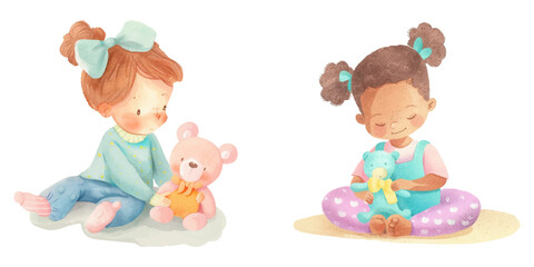  cute kid playing doll watercolour vector illustration