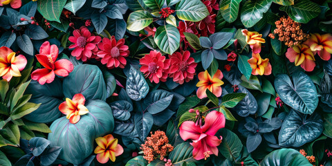Lush Tropical Flora in Vibrant Bloom.
Dense tropical flowers and foliage.
