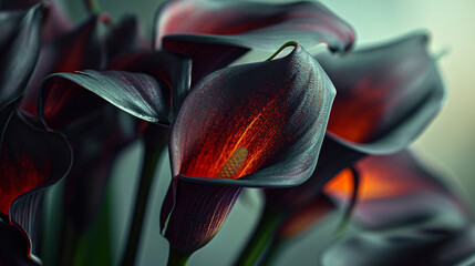 A dramatic 4K HDR close-up of black calla lilies, their luxurious and unusual coloration standing...