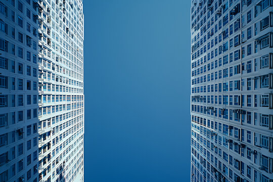 Two Office building on a background of the blue sky, up view in financial district,  Generative AI, 