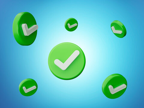 3d shiny blue light with rounded green icon and white check mark on blue background 3d illustration