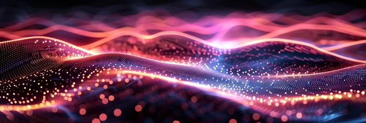 Stof per meter Vibrant digital wave landscape with particles. A high-quality 3D render of a dynamic digital wave landscape with illuminated particle dots creating a cosmic atmosphere. © Merilno