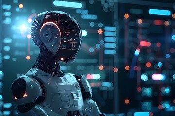 A detailed image of a robot in a futuristic setting standing against a dark background The robot is equipped with futuristic technology in the style of cyberpunk realism - obrazy, fototapety, plakaty