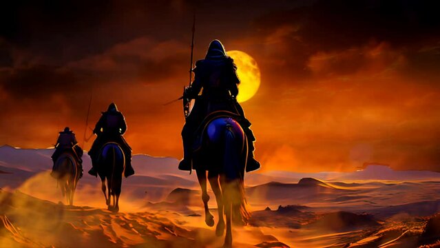 "Riders of the Dunes: Equine Forces Conquering the Desert, Seamless looping time-lapse 4k animation video background