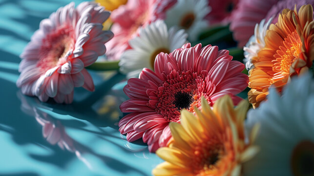 A dynamic perspective capturing the interplay of light and shadows on 4K HDR fresh flowers arranged on a seamless solid color background, creating a visually striking and aesthetically pleasing image.