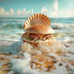 Obraz na płótnie Canvas Hamburger with seashell on the beach. Toned. Summer concept and modern idea.
